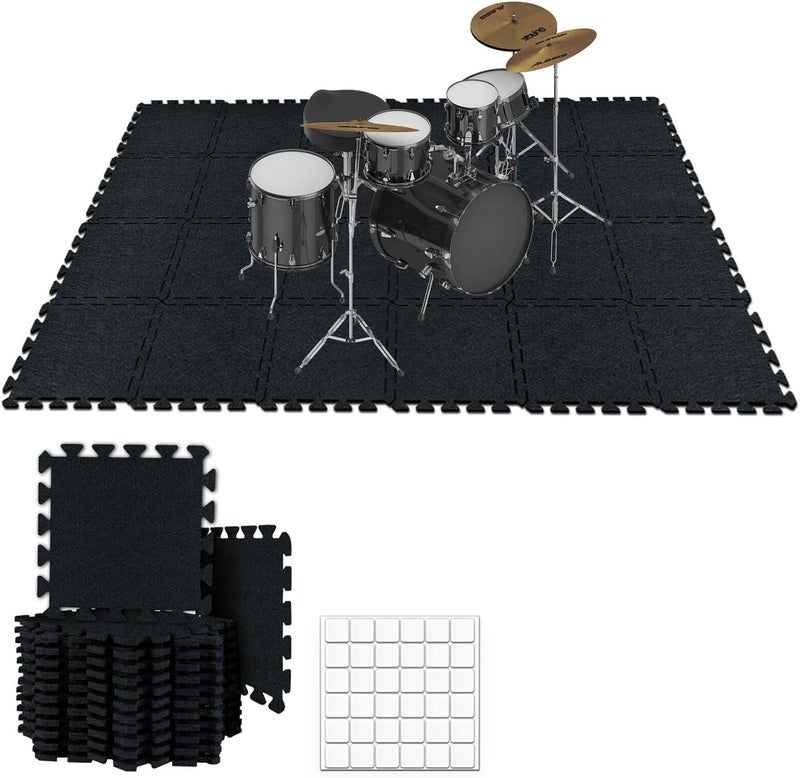 TroyStudio Thick Drum Rug Pad, 24 Pcs 11 x 11 x 0.32 inches Interlocking Sound Absorbing Rug, Non Slip Anti Vibration Sound Proof Floor Mats, Acoustic Carpet Blankets for Drum Set, Piano, Studio - Image 1